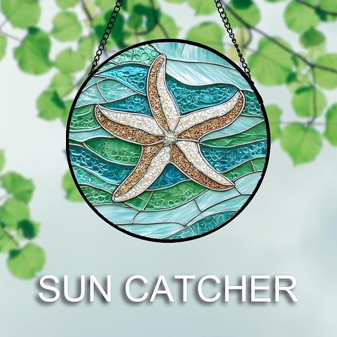 DASTOLL Stained Glass Window Hanging Teal Sea Waves Starfish Large 11.8" - Suncatcher Door Garden Sun Catcher Home Decor Birthday Mother's Day for Mom Men Woman Parents Her Child Nana