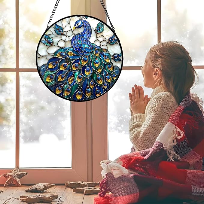AMDERVEN Stained Glass Window Hanging - Peacock Blue Gold Feathers Sun Catcher for Door Garden Home Decor Bird Suncatcher Christmas Mother's Day Birthday Gifts for Women Men Mom Nana 7.8 in