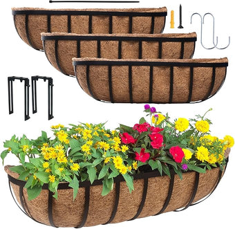 DUNCHATY Railing Planter Window Box - 4 Pack 24" Horse Trough Planter with Coco Fiber Liner - Deck Balcony Rail Planter for Porch Fence Patio Outdoor