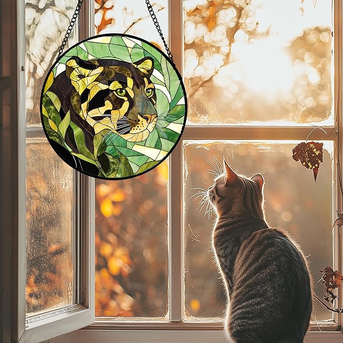 DASTOLL Stained Glass Window Hanging 4 Pcs Set Green Plants Animals Theme 6.3" - Bird Tiger Suncatcher Door Garden Sun Catcher Decor Birthday for Mom Woman Nana Men Friend