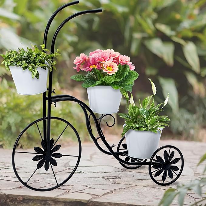 LEWIS&WAYNE Metal Tricycle Planter, 3 Tier Floral Flower Plant Stand Holder Hand Painted Outdoor Garden Patio Decor