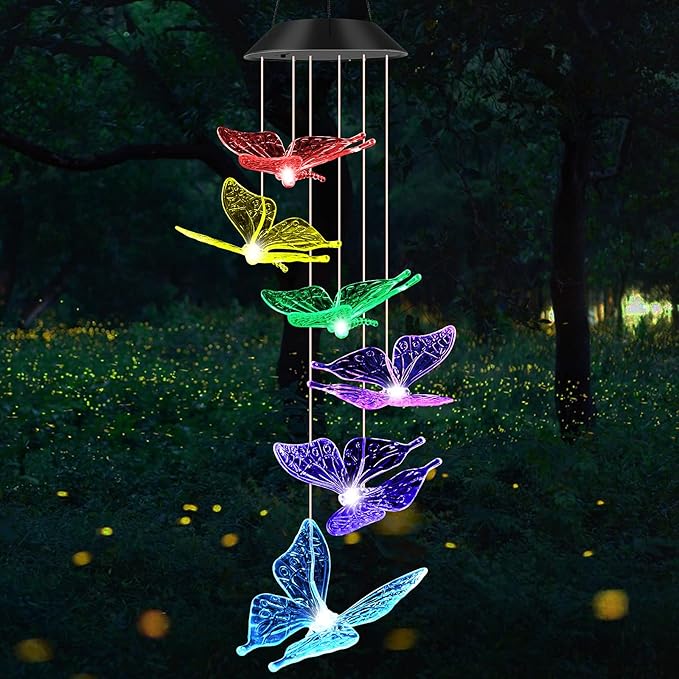 JOBOSI Colorful Butterfly Solar Lights for Outside, Mother's Day Women's Gifts, Solar Butterfly Wind Chimes, Birthday Gifts for Women, Mom, Grandma, Garden Lawn Yard Outdoor Decor Mobiles Wind Chime