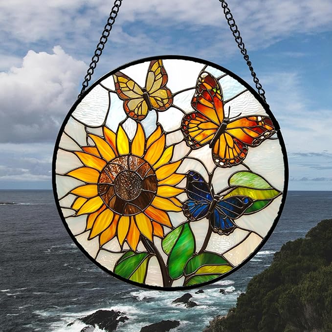 Stained Glass Window Hanging, Butterfly and Sunflowers Sun Catchers Glass Panel Plant Insects Suncatcher Decor for Birthday for Women, Men, Wife, Aunt, and Mom 14.9x14.9 in