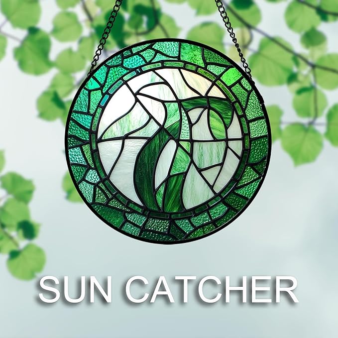 QZQCBLC Stained Glass Window Hanging Abstract Green Plants 7.8" - Suncatcher Door Garden Sun Catcher Home Ireland Decor Birthday Mother's St Patrick's Day Gifts for Mom Men Woman Wife Friends