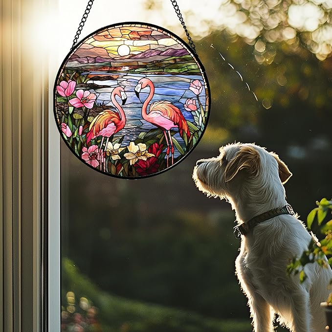 Stained Glass Window Hanging - Flamingo Wildflowers Landscape Suncatcher for Door Terrace Garden Home Decor Sunset Lake Sun Catcher Birthday Gifts for Lovers Women Men Dad Mom Nana 9.8 in