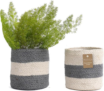 Jute Planter Basket-Woven Jute Rope Covers for Decorating Indoor/Outdoor Succulents, Small Plant Pots-Set of 2-Multi-Purpose Storage Bins 6.5 Inches - Modern Style Décor - Gray & White