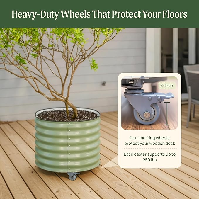 Rolling Metal Citrus Tree Planter Pot, 21″ Round Planter Box for Porch Patio & Backyard, 20 Gallon Large Planter Pot with Wheels for Growing Trees Tomatoes Vegetables and Flowers, Olive Green