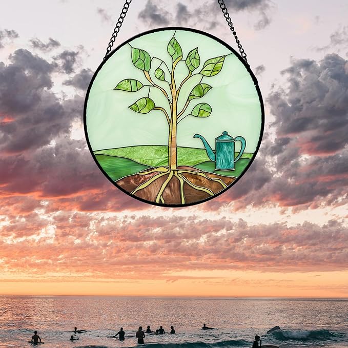 Stained Glass Window Hanging 4 Pcs Set Pink Green Spring Saplings Flowers 9.8" - Suncatcher Door Garden Sun Catcher Home Decor Mother's Day for Woman Nana Mom Men