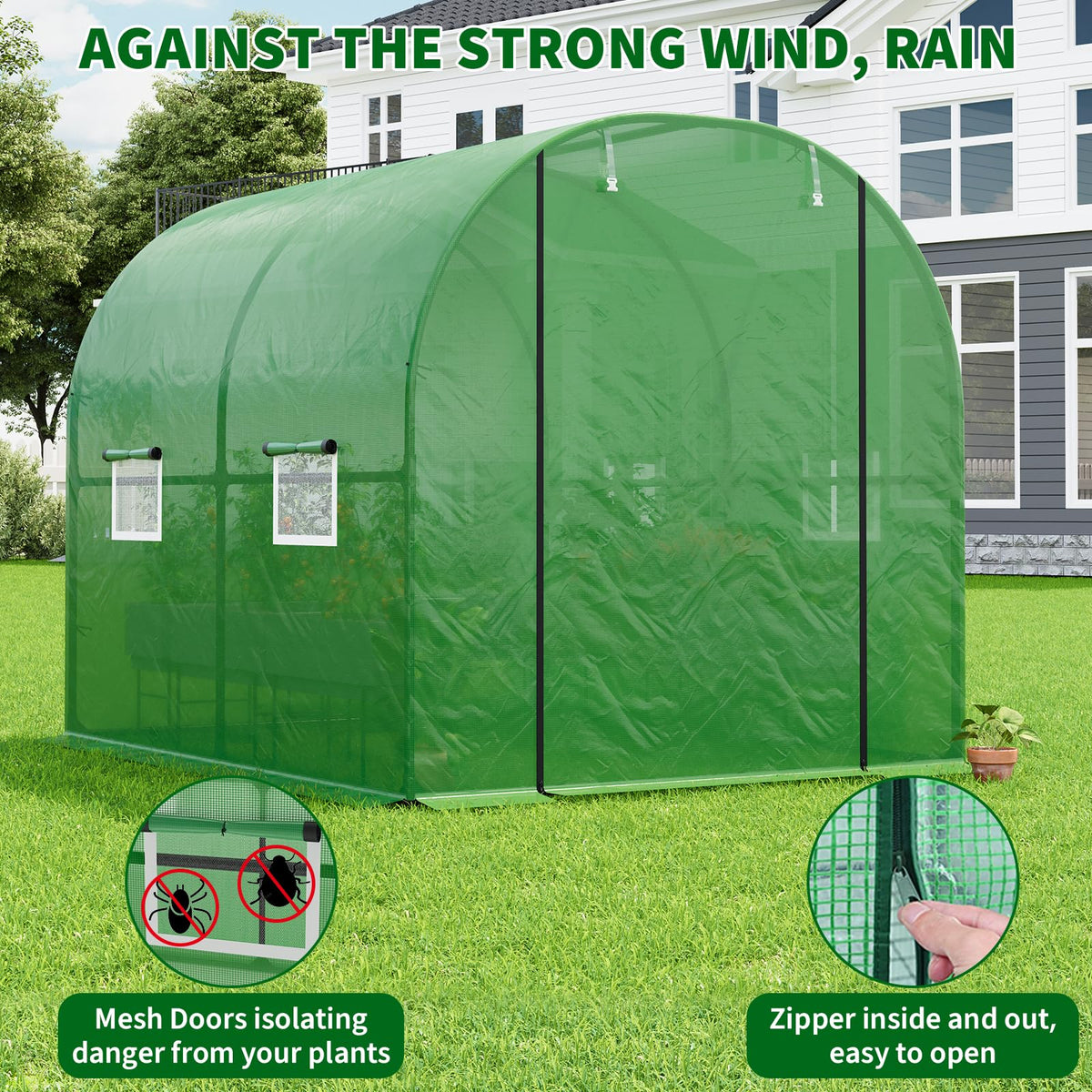 Patikuin Large Walk-in Tunnel Greenhouse, Heavy Duty Galvanized Steel Frame, Mesh Door & Windows, Roll-Up Zipper Door, UV-Protected PE Cover for Garden Plants, Green