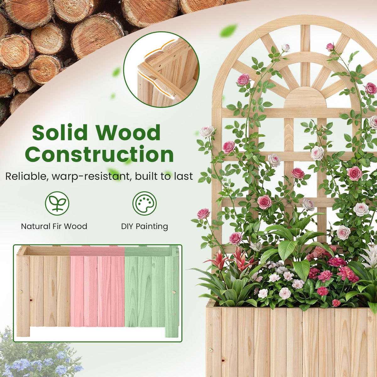 Happygrill Wooden Raised Garden Bed with Trellis & Privacy Screen