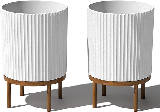 Veradek Demi Series Round Planter w/Stand for Porch/Patio | Durable Plastic-Stone Composite & Wooden Stand | Modern Décor for Tall Plants, Flowers