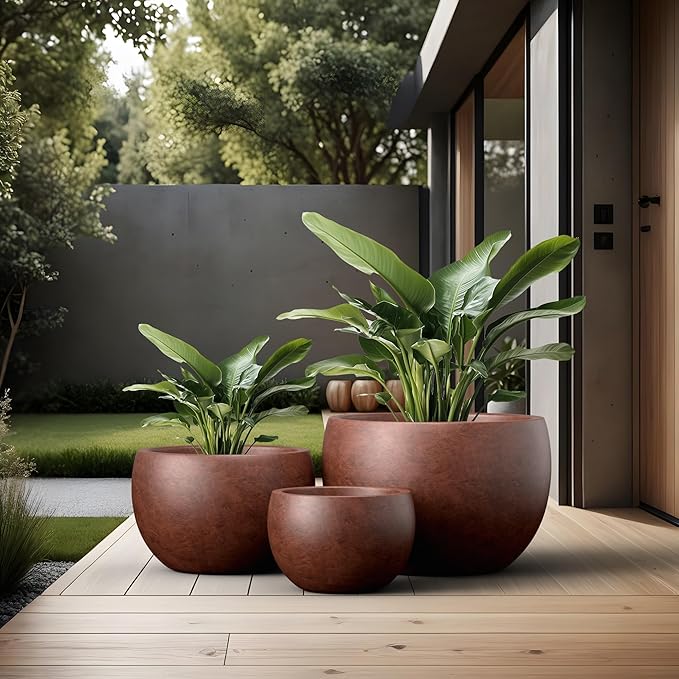 Kante 19.9",15.7",11.8" Dia Round Concrete Planter Set of 3, Outdoor/Indoor Large Bowl Plant Pots with Drainage Hole and Rubber Plug for Garden Patio Balcony Home, Rusty
