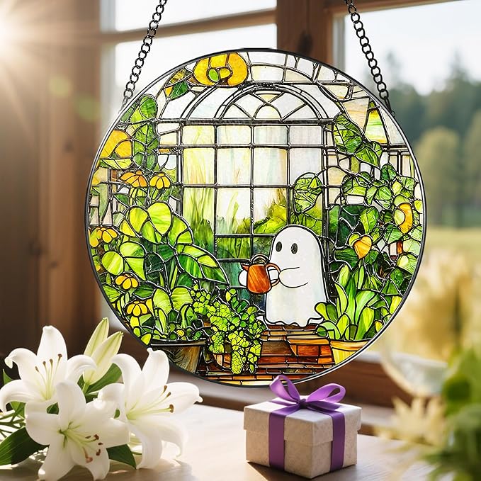 LAOWEIKI 8'' Halloween Ghost Greenhouse Sun Catcher Ornament, Stained Glass Window Hanging, Sun Catchers for Windows Hanging Ornaments, Window Decor, Holiday Present, Ideal Gift | Plant Lovers Gifts
