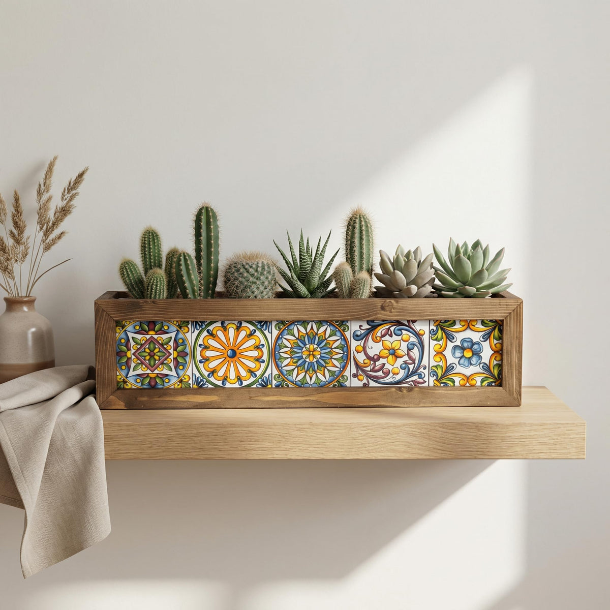 MIODUO DECOR 20 Inch Talavera Style Cedar Wood Planter Box, Authentic Mexican Tile Window Sill Container for Succulent Arrangements and Herb Gardens