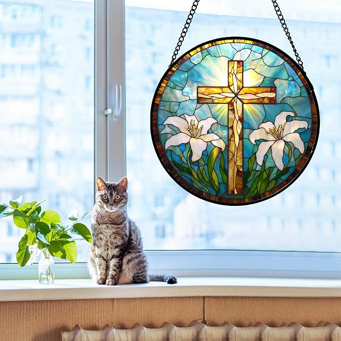 JOSUMALY Christian Gifts for Women - Cross Stained Glass Window Hanging Jesus Easter White Lily Flower Sun Catcher Garden Religion Decor Mother's Day Catholic Gift for Men Grandma Mom Her Nana 15"