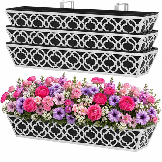 Y&M 4Pack 30'' Metal Railing Planter Box Set with Black Non-Woven Fabric Liner, Large Flower Boxes with Adjustable Brackets, Window Boxes Outdoor Hanging Planter for Fence, Deck, Balcony, and Garden