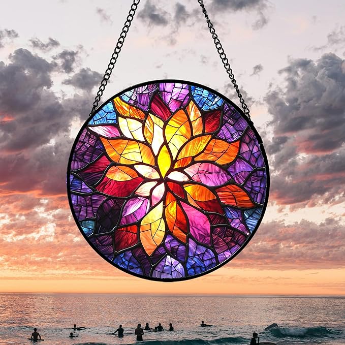 AMDERVEN Stained Glass Window Hanging, Fuchsia Abstract Flowers Suncatcher for Window Home Decor Orange Sun Catcher Mother's Day Birthday Gifts for Women Men Mom Nana 11.8 in