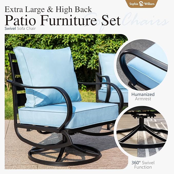 Sophia & William 2 Pieces Patio Furniture Sets Metal Sofa Chairs Patio Cushion Armchairs Swivel Sofa Chairs with Removable Cover for Garden Backyard Poolside Blue