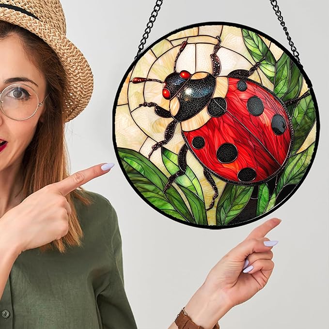 AMDERVEN Stained Glass Window Hanging - Red Seven-Spotted Ladybug Sun Catcher for Door Home Decor Insect Suncatcher Christmas Mother's Day Birthday Gifts for Women Men Mom Nana 15 in