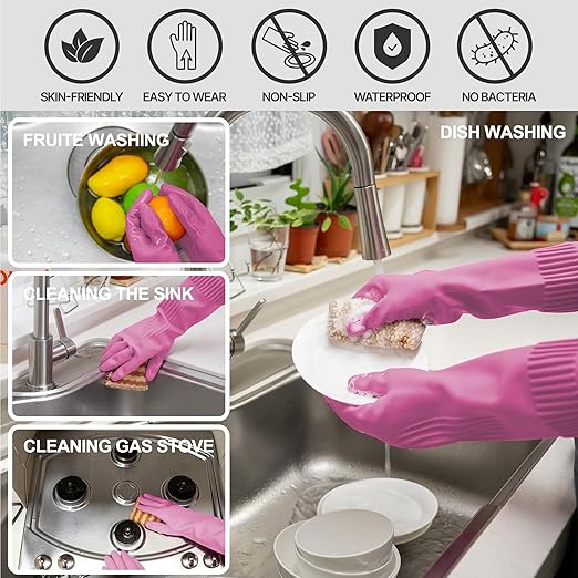 Mamison 2 Pairs Reusable Waterproof Household Dishwashing Cleaning Rubber Gloves, Non-Slip Kitchen Glove (Pink, XL (Pack of 2))