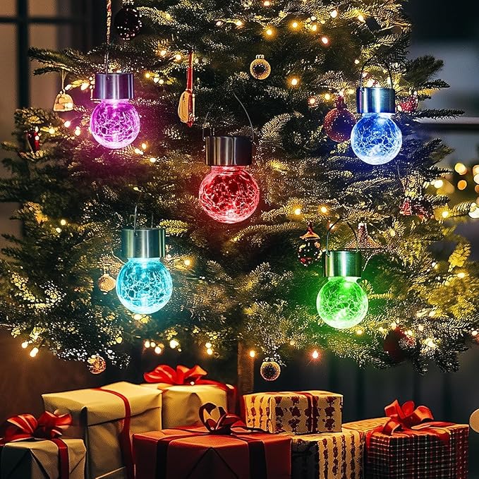 8 Pack Solar Lanterns, Christmas Decoration Lights with Multi-Color Changing Cracked Glass Hanging Ball Solar Outdoor Lights Waterproof Hanging Light for Garden, Yard, Patio, Lawn