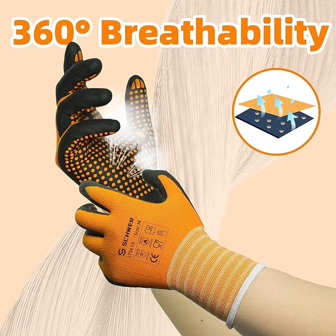 Schwer 12 Pairs LT5619 Work Gloves Micro-Foam Nitrile Coated, Level 4 Abrasion Resistant Nylon Working Gloves with Micro Dot Grip for Men Women, Touchscreen, for Automotive Electronic Assembly, Large