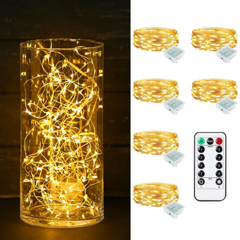 chzk 6 Pack Fairy Lights Battery Operated with Remote Timer 8 Lighting Modes,7ft 20 LED Waterproof Mini String Lights for Halloween Christmas Table Centerpieces Bedroom Decorations,Warm White