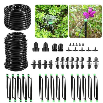 Drip Irrigation Kit for Garden, Raised Beds, Lawn - Adjustable Watering System with Drip Emitters, 5/16" & 1/4" Tubing, Barbed Fittings