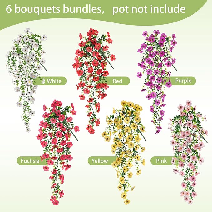 Playieer Artificial Hanging Flowers for Outdoors Faux Plants for Spring Summer Decoration,6 Bundles UV Resistant Realistic Silk Flowers Indoor Outside Garden Porch Patio Balcony Yard Farmhouse