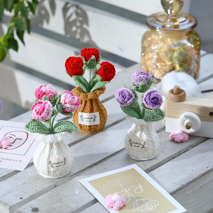 YOOJEE Crochet Rose Flower Potted Plant – Pink, Valentines Day Gift for Her, Handmade Knitted Romantic Desk Decor