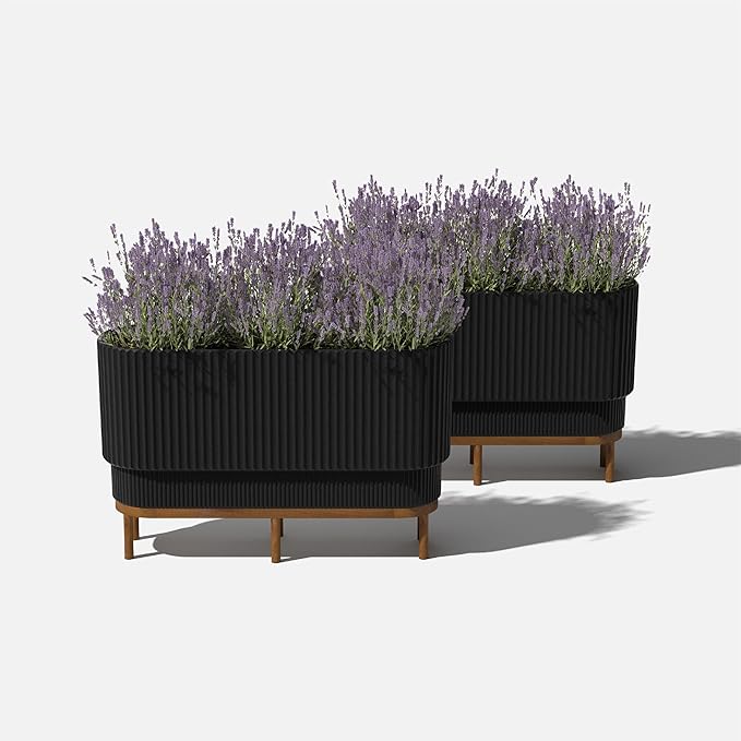 Veradek Demi Series Raised Long Planter for Indoor/Outdoor Use | Made from Plastic & Stone w/Wooden Stand | Modern Patio Décor for Flowers/Shrubs