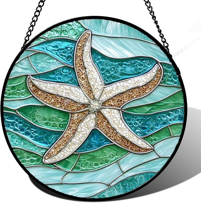 DASTOLL Stained Glass Window Hanging Teal Sea Waves Starfish 7.8" - Suncatcher Door Garden Sun Catcher Home Decor Birthday Mother's Day for Mom Men Woman Parents Her Child Nana