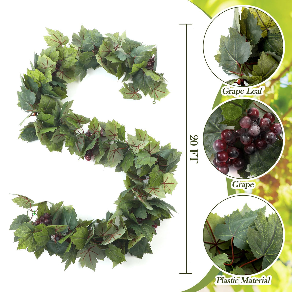Glitinsel Artificial Grape Leaf Garland Vine Plant, 20 ft, Dark Green