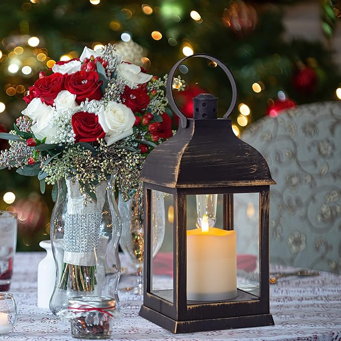 Vintage Lantern Decorative LED Flickering Flameless Candle with Timer, Battery Powered LED Decorative Hanging Golden Brushed Black Lanterns for Indoor Outdoor Garden Yard Home Decor(2 Pack)