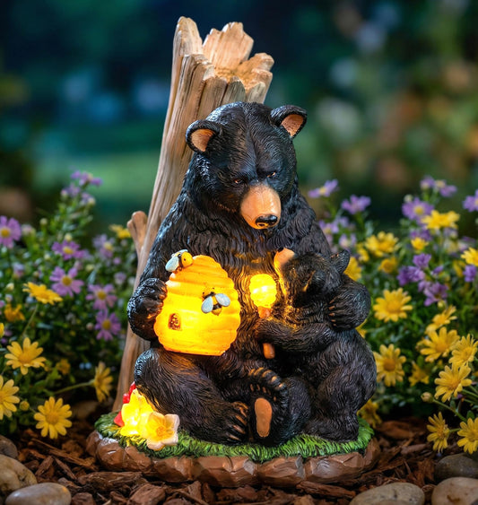 C&Y&G&X Solar Bear Garden Statue Lights, Black Bear & Cub Outdoor Resin Yard Decor for Patio Porch Lawn, Solar Garden Figurine with Light-Up Beehive, Housewarming Gifts for Garden Lovers