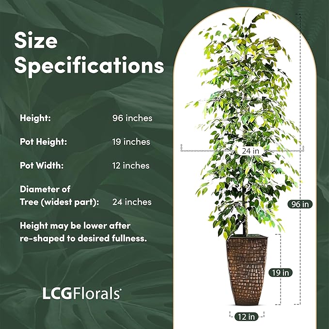 LCG Florals 8ft Artificial Ficus Tree in Copper Metal Pot - Real Wood Trunk, Preassembled, No Maintenance Indoor Faux Plant - Living Room, Home & Office Decor