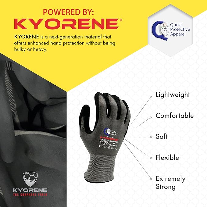 Quest Protective Apparel Cut Resistant Work Gloves (ANSI A1) – Lightweight Graphene Gloves for Gardening,DIY,Mechanical & General Handling – Breathable Grip Gloves for Men & Women – X-Large,Pack of 12