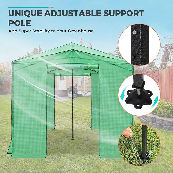 EAGLE PEAK Instant Pop-up Greenhouse, Indoor Outdoor Plant Gardening Green House, Roll-Up Zipper Doors & Side Windows - Winter Support Pole, Walk in 12x8 ft, Green/Clear