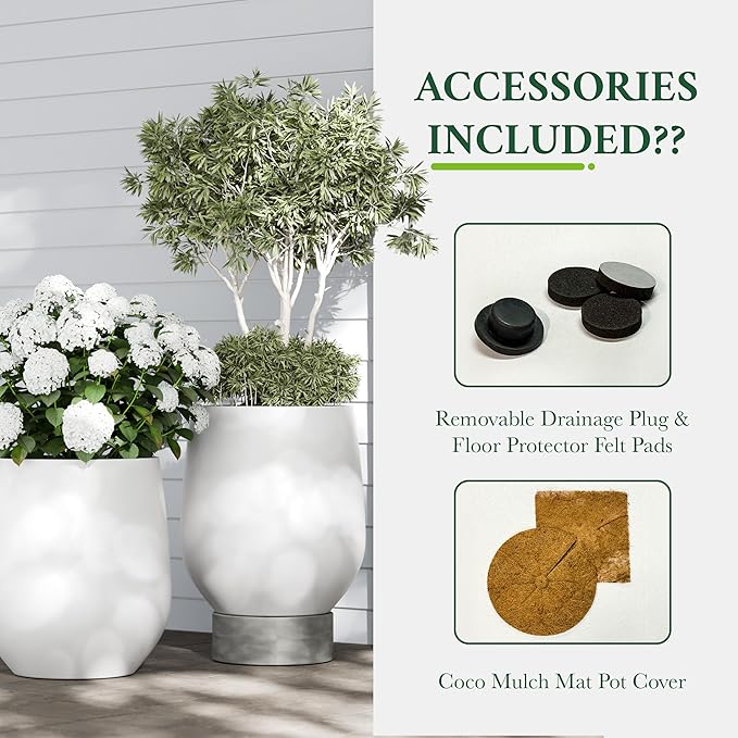 DTY Signature Mount Wilson 19.7''D x 21.7''H Modern Indoor Outdoor Fiberstone Tapered Planter, Lightweight, Weather Resistant Garden Pot with Drainage Hole & Rubber Plug - Large, White