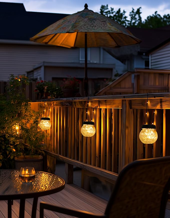PARTPHONER Solar Lights Outdoor Waterproof 12-Pack, Solar Powered Hanging Lantern Cracked Glass Hanging Globes for Yard Decor Christmas Decoration, Shepherd Hook, Garden Tree Table Ornaments, Warm