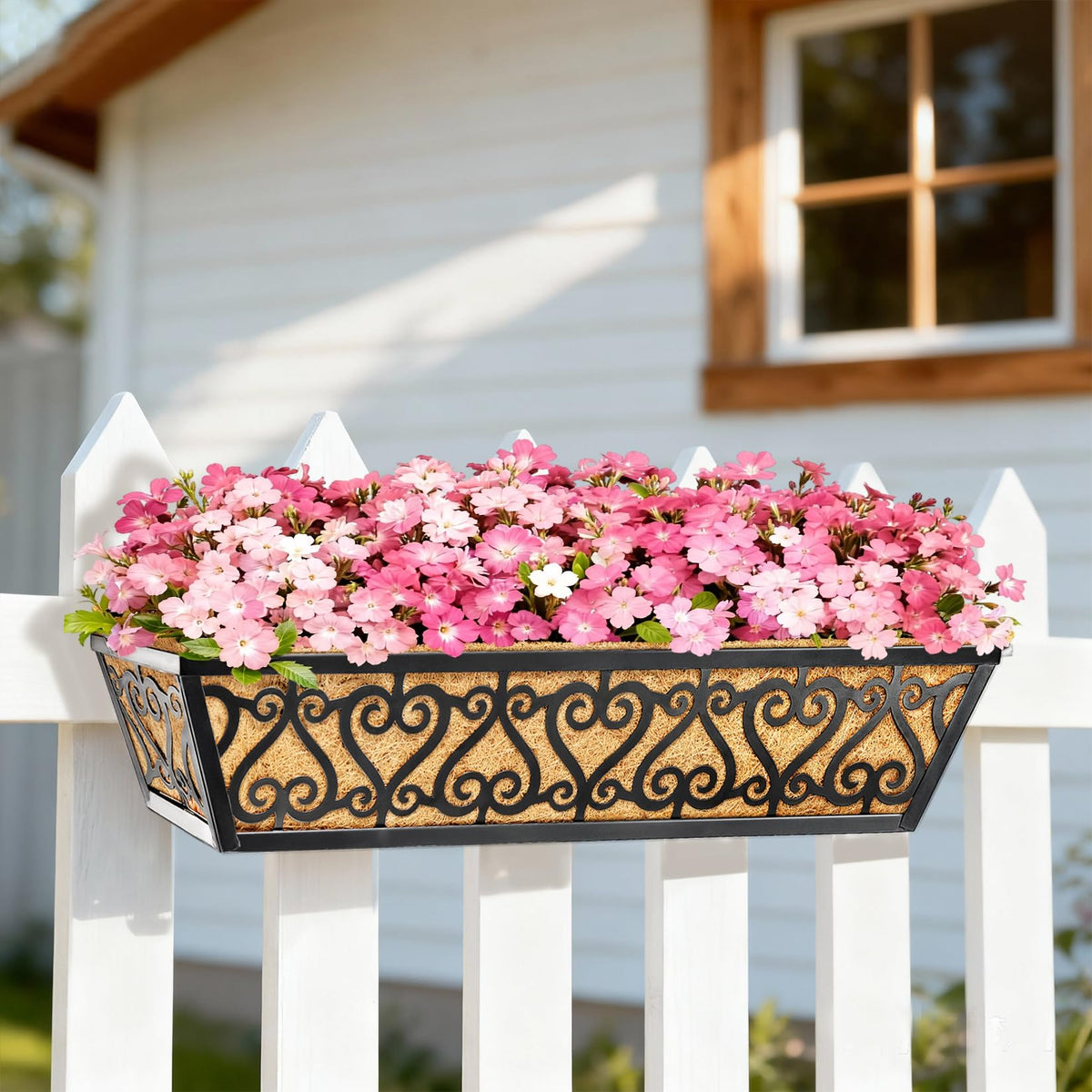 EINYEXW 6 Pack 30 Inch Deck Railing Planter Box - Window Boxes Planters with Adjustable Brackets Coco Liners Balcony Planters Railing Hanging for Window Flower Boxes Outdoor Garden Decor