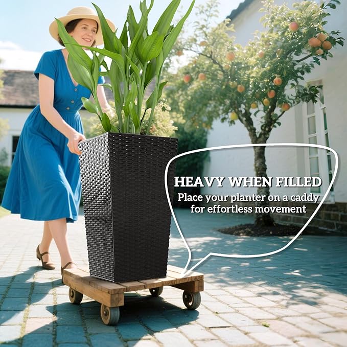 Outsunny Tall Planters for Outdoor Plants Set of 3, 24 in Taper Planters with Drainage Holes, Rattan Decor Plant Pots for Indoor Outdoor Front Porch Patio Backyard, Black
