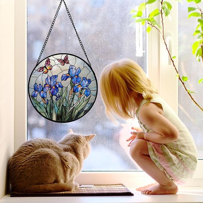 Stained Glass Window Hanging, Blue Iris Flowers Butterfly Suncatcher Diamond Colorful Glass Panel Sun Catchers Decor for Birthday for Women, Men, Wife, Aunt, and Mom 11.8 in