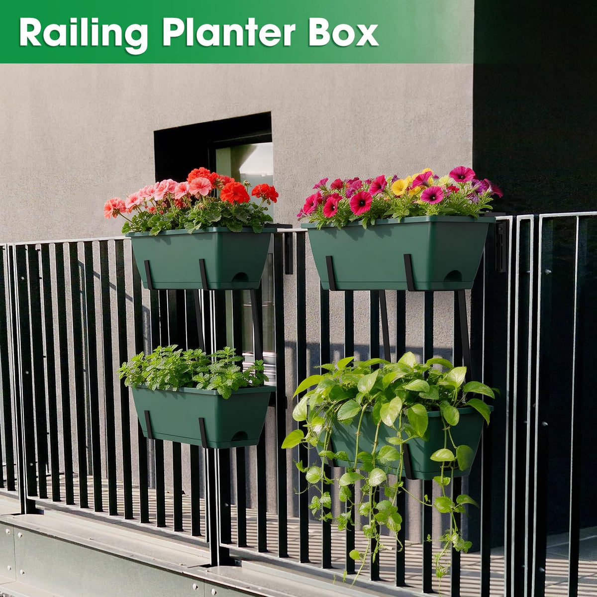 4 Pcs Hanging Flower Pots, 16.9 Inches Railing Planter Box, Green