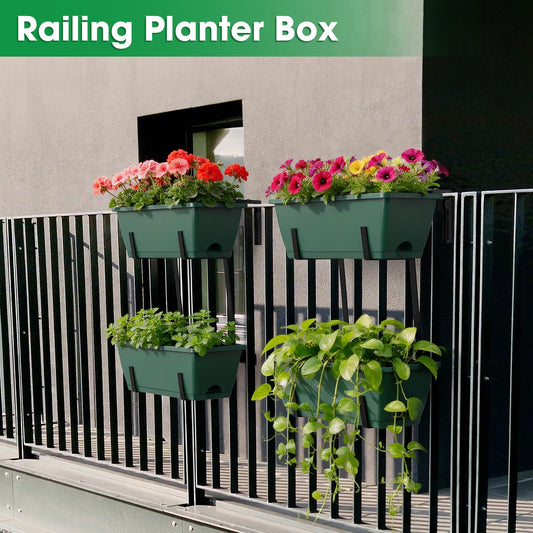 4 Pcs Hanging Flower Pots, 16.9 Inches Railing Planter Box, Green