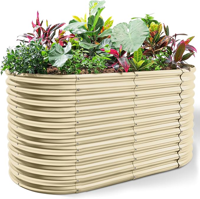 Land Guard 6x3x3ft Oval Galvanized Raised Garden Beds, Large-Capacity Metal Planter Box Outdoor, Durable Deep Raised Garden Bed 3ft Tall, Raised Beds for Gardening Vegetables, Cream Yellow