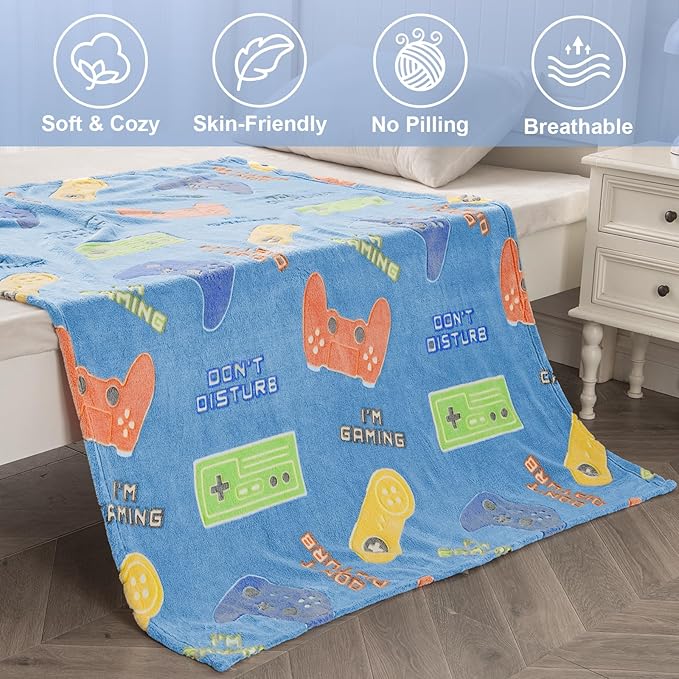 Levens Glow in The Dark Gaming Blanket for Boys - Christmas Easter Valentine's Gifts Toys for Teens, Gamer Stuff Controller Throw Decor Presents Kids Age 8 9 10 11 12 13 14 15 Year Old Boy 50"x60"