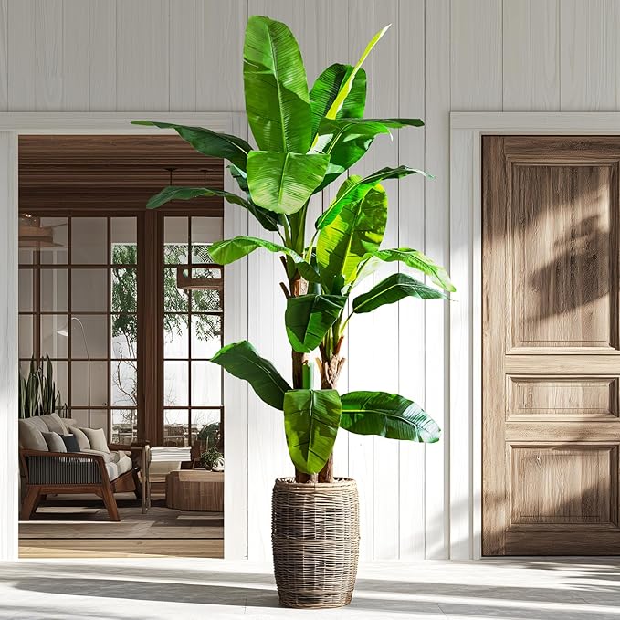 Artificial Banana Tree 7.2ft, Faux Tropical Palm Tree Plant with Realistic Leaves, Low Maintenance Indoor Outdoor Decor for Home Office Porch, in Nursery Pot