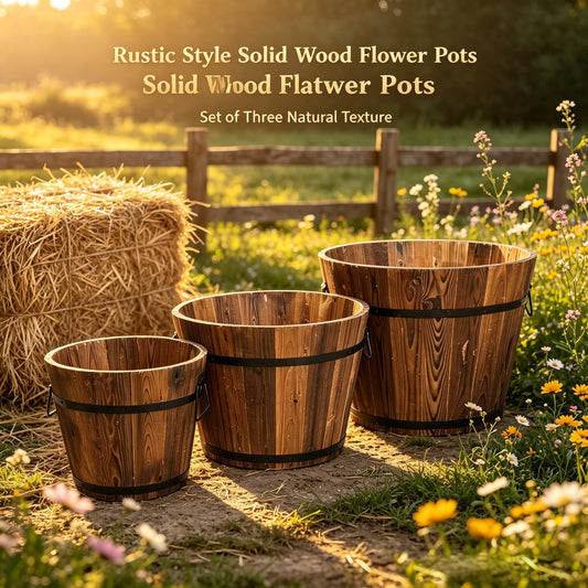 NAICKUC 3 PCS Large Wooden Planter Barrel Set - Whiskey Real Wood Decor Plant pots, Rustic Flower Planters Pots Container w/Drainage Holes for Indoor Outdoor Garden Home Plants (18",15.2",11.5")