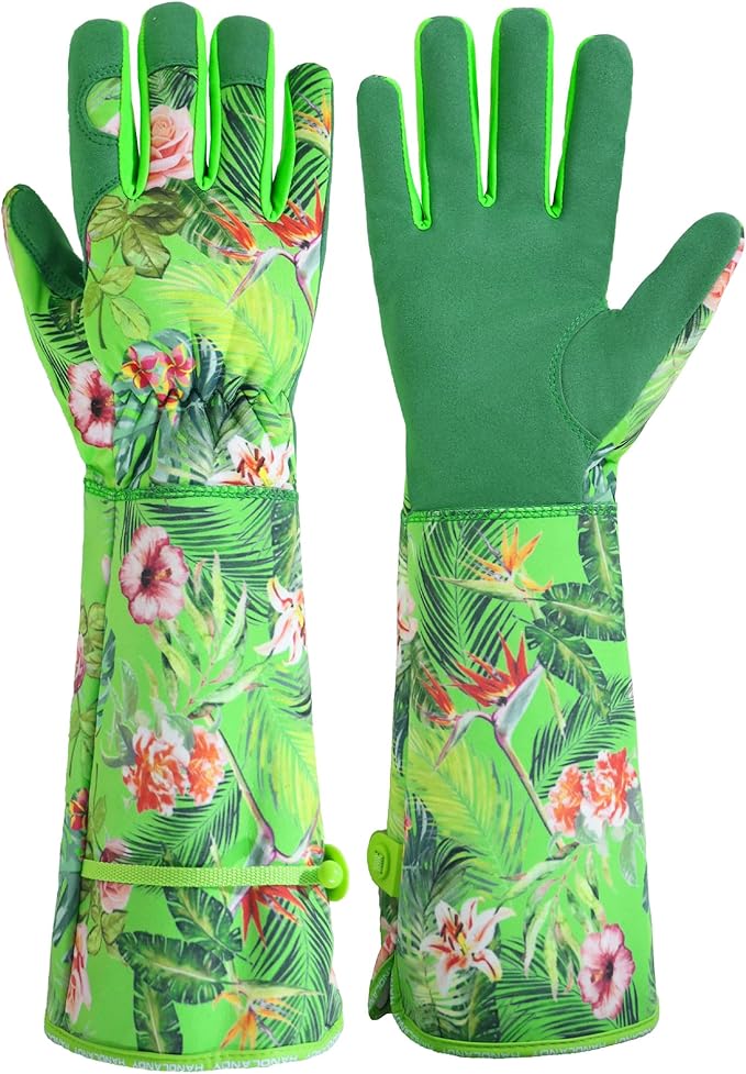 HANDLANDY Women Gardening Gloves, Scratch Resistant Breathable Ladies Rose Pruning Long Gauntlet Floral Print Garden Yard Gloves, Gift for Gardeners (Green, L)